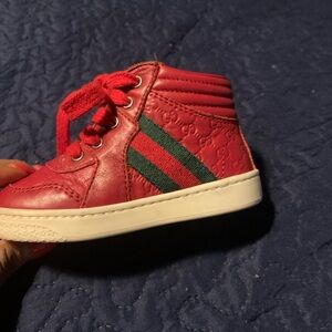 Red and Green High-Top Sneakers with Textured Leather